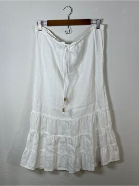 White 100% linen tiered ruffle skirt with wooden beads size 6 midi / maxi skirt